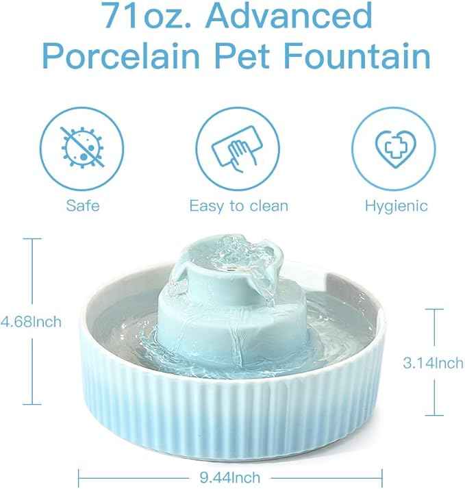 360 Ceramic Pet Fountain, Advanced Porcelain Cat Water Fountain, 70 oz.Drinking Fountains Bowl for Cat and Dogs with Replacement Filters and Foam (Green Blue)