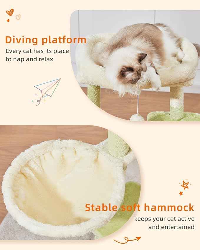 Taoqimiao Cat Tree,38.5-Inch Cat Tower for Indoor Cats,Suitable for Kittens with Luxurious cat condo with Adjustable Baskets and Luxurious Perch MS029SGB Green and Beige