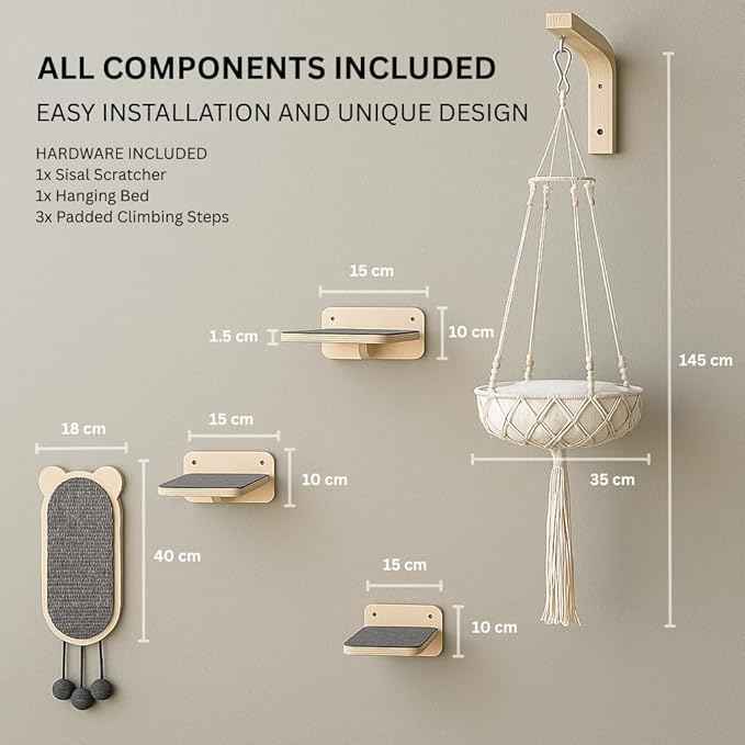 Modern Cat Wall Furniture Set – 5-Piece Hanging Shelves with Macramé Bed, Scratcher & Climbing Steps – Boho Wooden Cat Wall for Indoor Cats