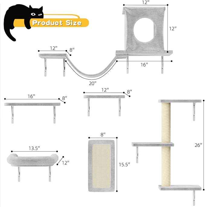 NUNU LAB Wall Mounted Cat Wall Shelves, 12-in-1 Cat Wall Climber with Condos House, Scratching Post, Bridge Ladder, Indoor Space-Saving Furniture for Kittens Play, Gray