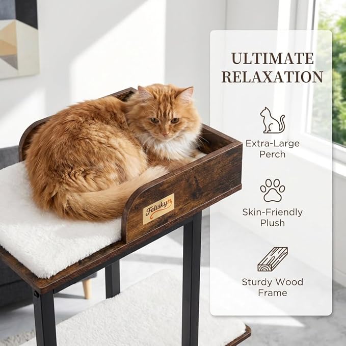 Modern Wood Cat Tree Tower, 84 Inch Extra Tall Cat Condo Trees for Indoor Cats Large Adult, XL Multi-Level Heavy Duty Wooden Sturdy Cat House Furniture with Platform Perch Bed Scratching Post Board