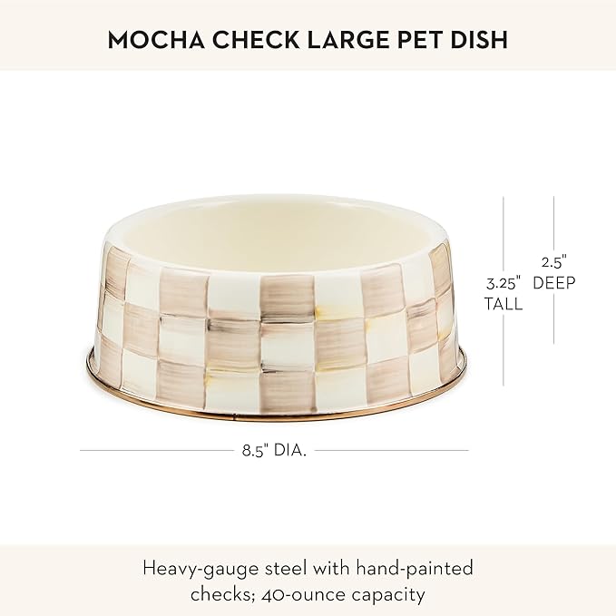 MACKENZIE-CHILDS Enamel Pet Bowl, Cute Cat and Dog Bowl for Food and Water, Large, Brown-and-White Mocha Check