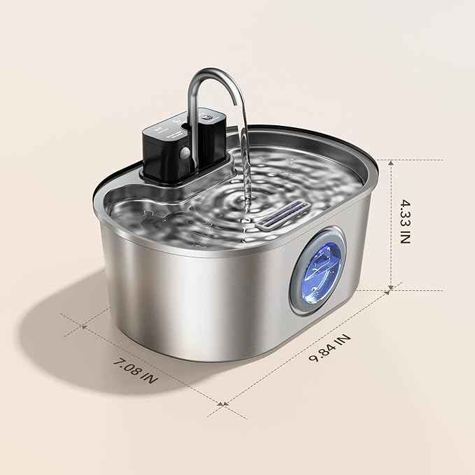 PEKTACO Wireless Cat Water Fountain Stainless Steel, 108oz/3.2L Cordless Battery Operated Pet Water Fountain for Cats Indoor with Quiet Pump, Easy Clean, BPA-Free(3 Filters)