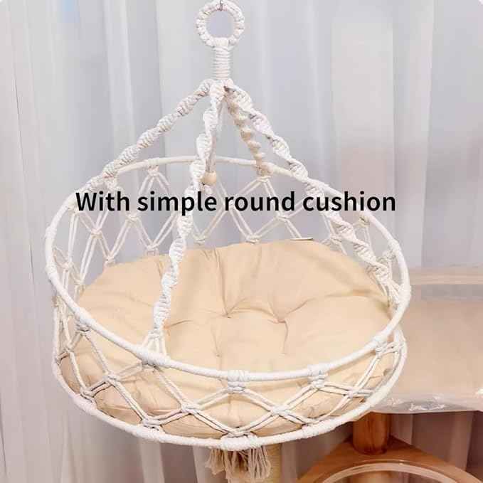 Cat Hammock, Handwoven Hanging Boho Cat Bed for Indoor Outdoor Home Decor for Playing Sleeping Climbing and Lounging with Cushion, Suitable for Cats or Small Dogs Up to 8.8 Lbs