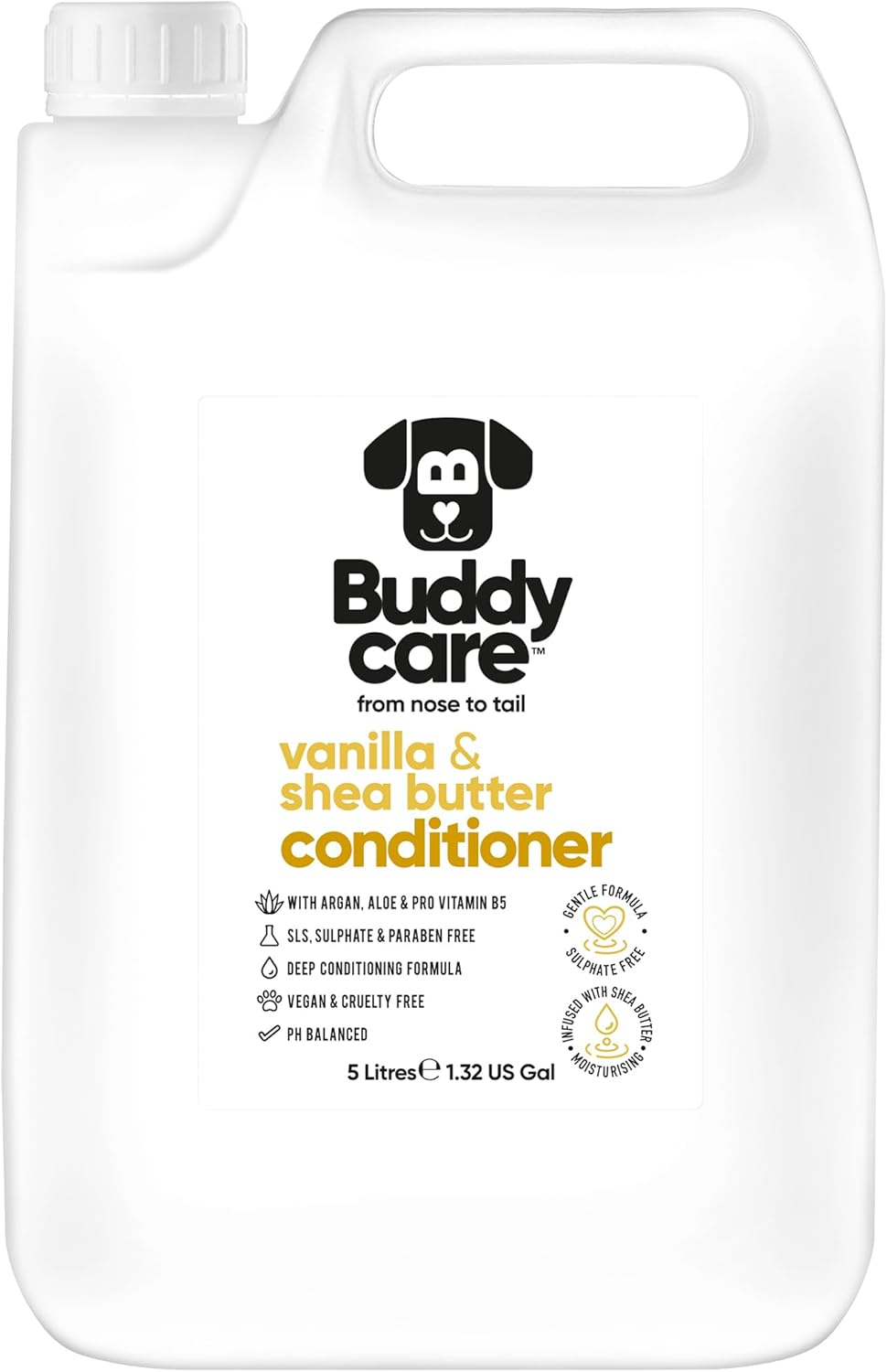 Vanilla & Shea Butter Dog Conditioner (169.07oz) Aloe Vera, Argan Oil & Pro Vitamin B5 to Detangle Matted Coats & Relieve Sensitive & Itchy Skin, Suitable for Puppies from 8 Weeks, Vegan