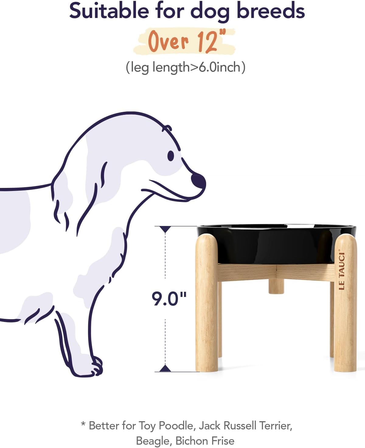 LE TAUCI Ceramic Slow Feeder Dog Bowls Elevated, 3 Cup Raised Bowl with Wooden Stand for Medium Large Breed, Slow Down Eating, Puzzle Dog Food Bowl,Skull Black
