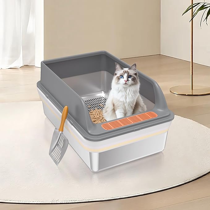 Stainless Steel Sifting Litter Box with Lid, Medium Sifting Cat Litter Box for Pine Pellets & Big Cats,Metal Pellet Sifter Litter Pan System for Odor Control,Sifting Box Liners & Scoop