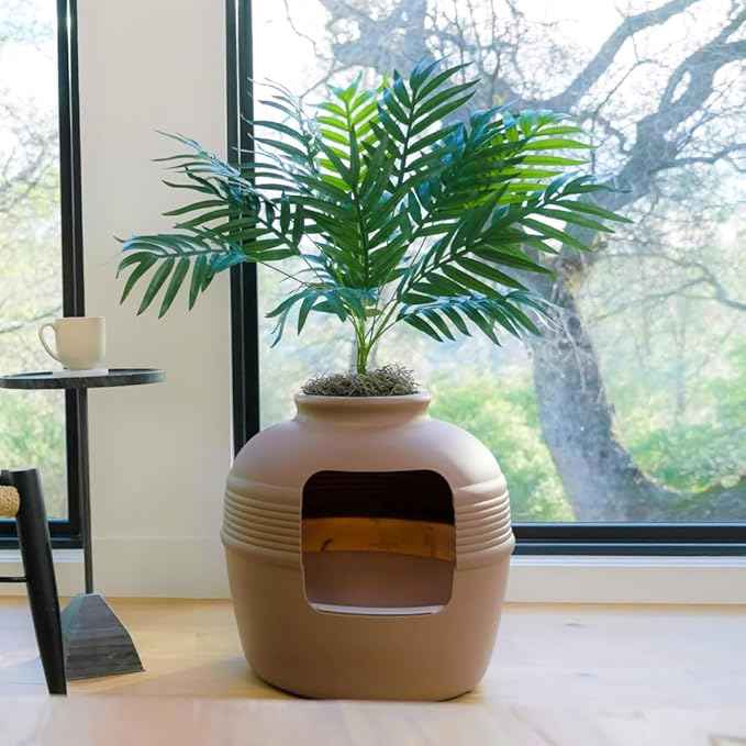 Good Pet Stuff Hidden Litter Box Planter, Decorative Cat Litter Enclosure with Carbon Filter, Artificial Plant, Easy Clean, Removable Liner, Round Style, Essentials Kit, Chestnut Brown