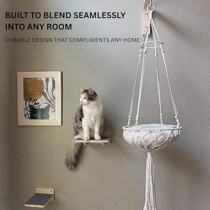 Modern Cat Wall Furniture Set – 5-Piece Hanging Shelves with Macramé Bed, Scratcher & Climbing Steps – Boho Wooden Cat Wall for Indoor Cats
