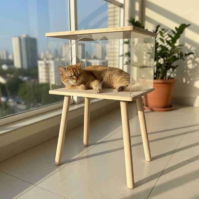 Cat Bedside Table with Acrylic Guardrail | Modern Cat & Dog Bed | Multifunctional Pet Bedside Cabinet | Cat Beds for Indoor Cats