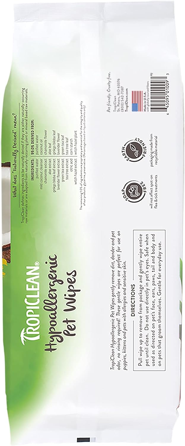 TropiClean Hypoallergenic Cleaning Pet Wipes, 100ct - Wipes for Dogs, Cats, Puppies & Kittens with Sensitive Skin - Gently Removes Dirt & Dander - Fragrance Free
