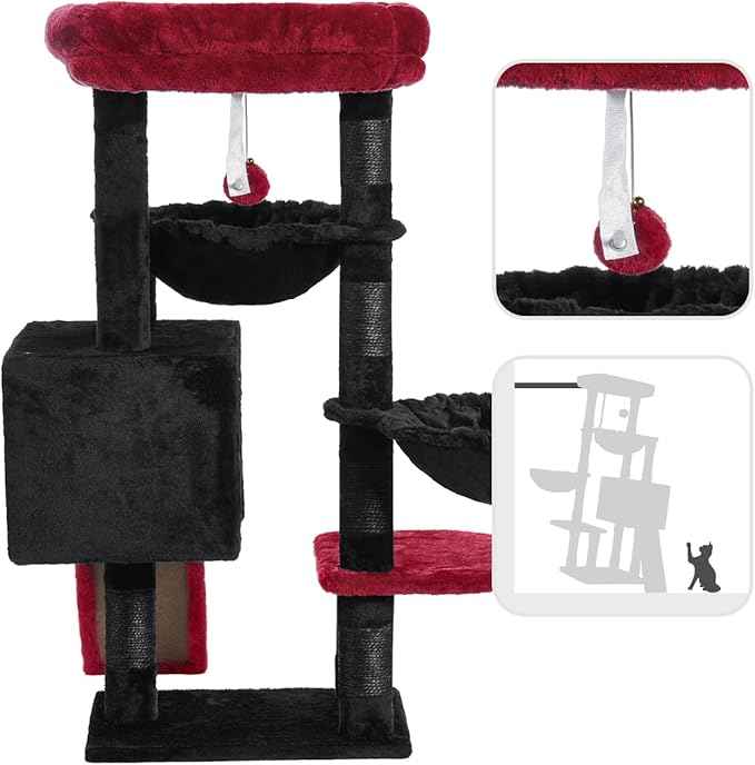 Hey-brother Gothic Cat Tree, Cat Tower for Indoor Cats, Cat House with Large Padded Bed, Cozy Condo, Hammocks, Sisal Scratching Posts, Big Scratcher, Black and Red MPJ006SBR