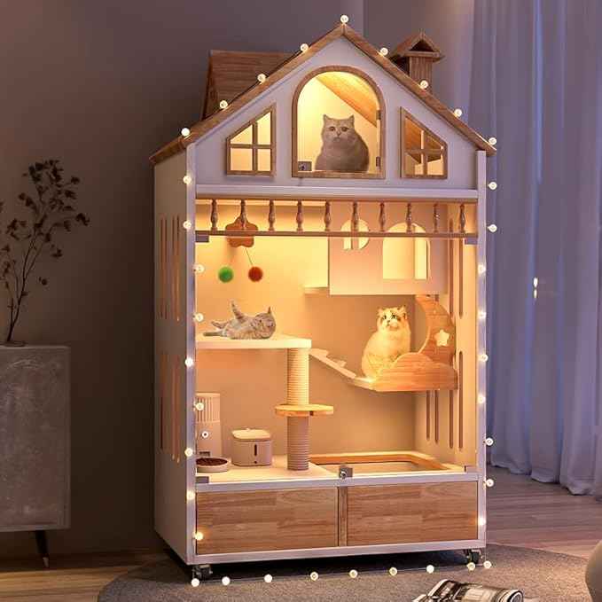 Enclosed Cat Condo, Large Wooden Cats House Indoor Cage Cat Enclosure on Wheels, Multi-Feature Enclosed Condo with Litter Box Drawer for Indoor Cats,63" X 35" X 24" (White, 63" X 35" X 24")