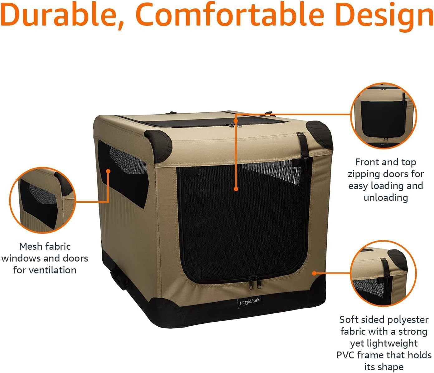 Amazon Basics Folding Soft Crate for Cat, Dog, Rabbit, Portable and Collapsible, 36 Inch, Tan, L 36" x 24" x 24"
