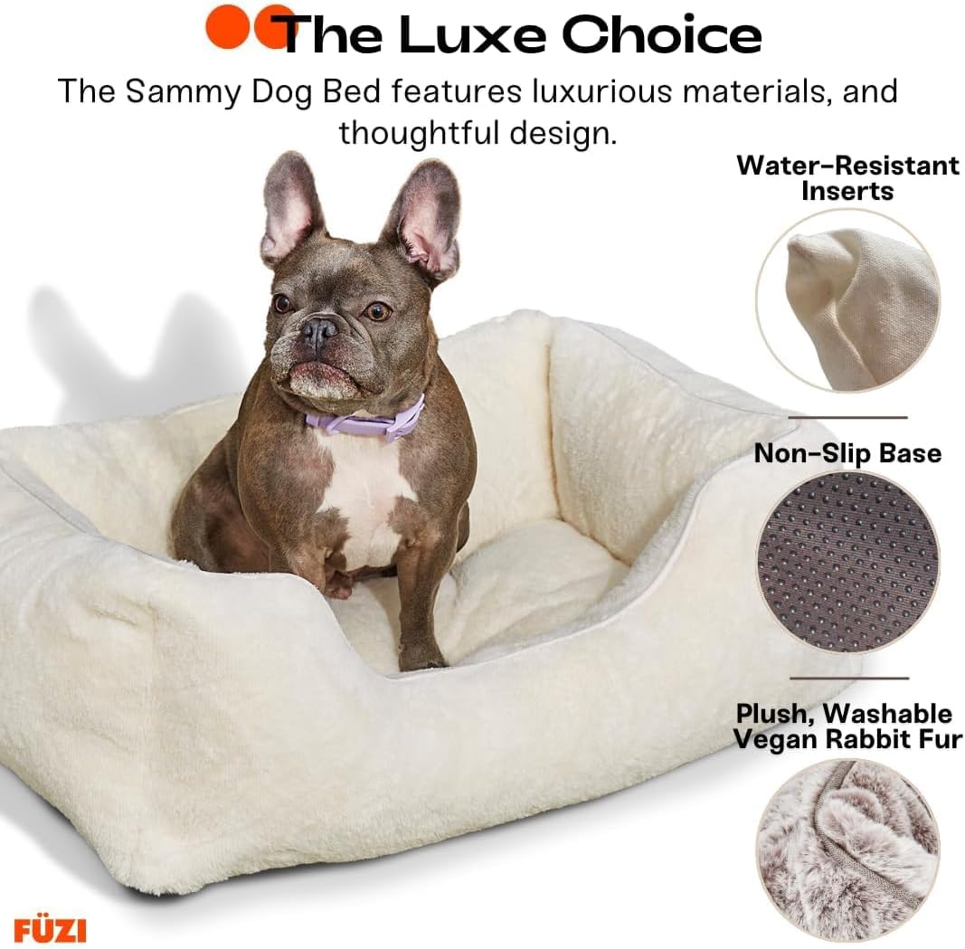 FUZI Luxury Aesthetic Dog Bed with Extra Cover for Medium Dogs, Washable Pet Couch, Pet Bed with Sides, Non-Slip Bottom, Soft & Durable Calming Dog Bed, Faux Fur, Medium 31.75x23.6x9.5 Soft White