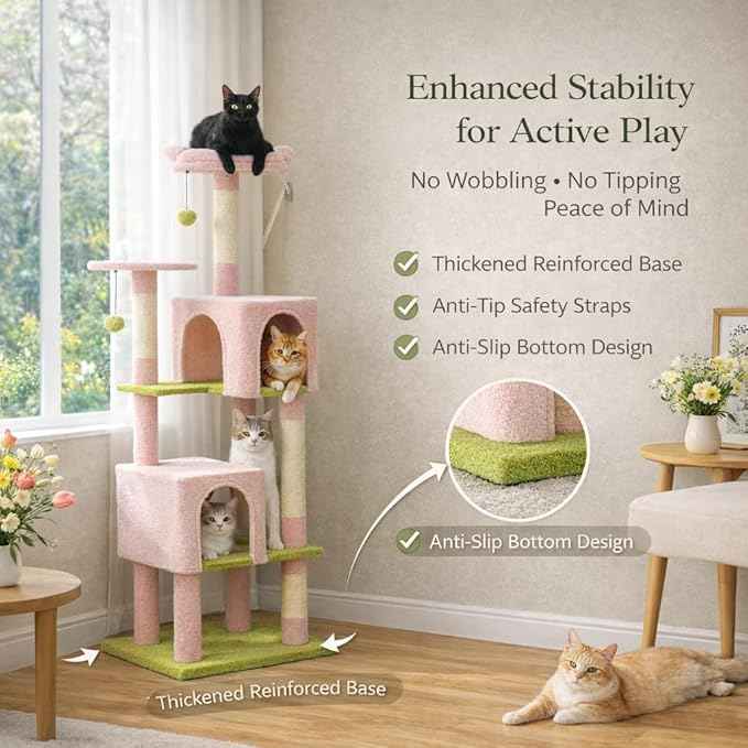62" Flower Cat Tree for Large Cats, Multi-Level Cat Tower with 2 Plush Condos, Soft Bed, Scratching Posts & Pad, Padded Perch & 2 Hanging Pompoms for Indoor Cats,Pink
