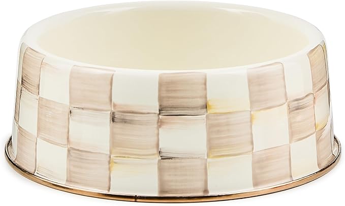 MACKENZIE-CHILDS Enamel Pet Bowl, Cute Cat and Dog Bowl for Food and Water, Large, Brown-and-White Mocha Check
