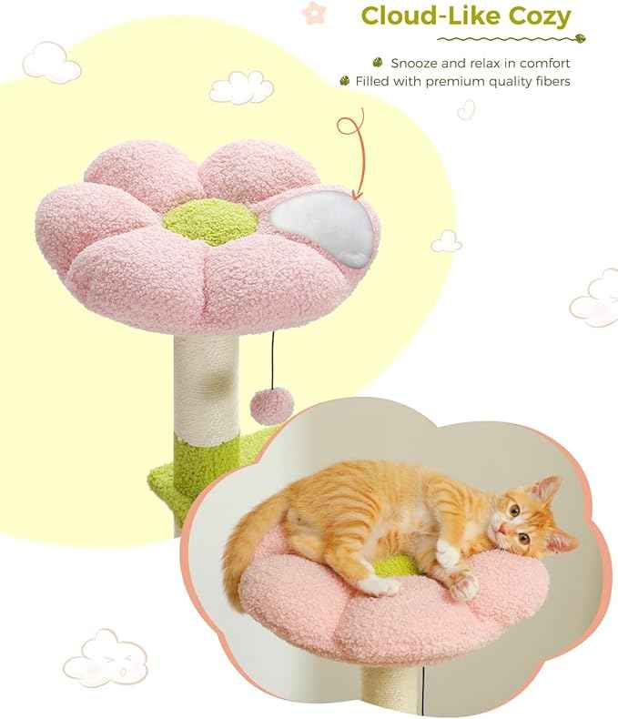 Flower Cat Tree 47.2" Multi-Level Cat Tower with Sisal Covered Scratching Posts, Cute Cat Condo for Indoor Small Medium Cats, Pink Top Perch, Fluffy Ball, Pink