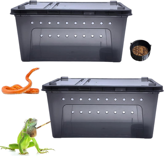 PINVNBY Reptile Enclosure Terrarium 2-Pack - 12.6"x8.7"x5.9" Multi-Purpose Transparent Plastic Habitat Cage for Gecko Scorpion Spider Snake Breeding Feeding & Cricket Keeper with Ventilated Lid, Black - FurryFun