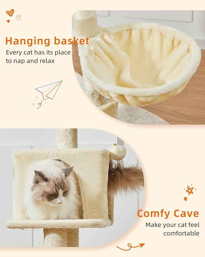Taoqimiao Cat Tree,49-Inch Cat Tower for Indoor Cats,2 Luxurious cat condo with Adjustable Large Hanging Baskets and Large Luxurious Perch Beige MS029LM