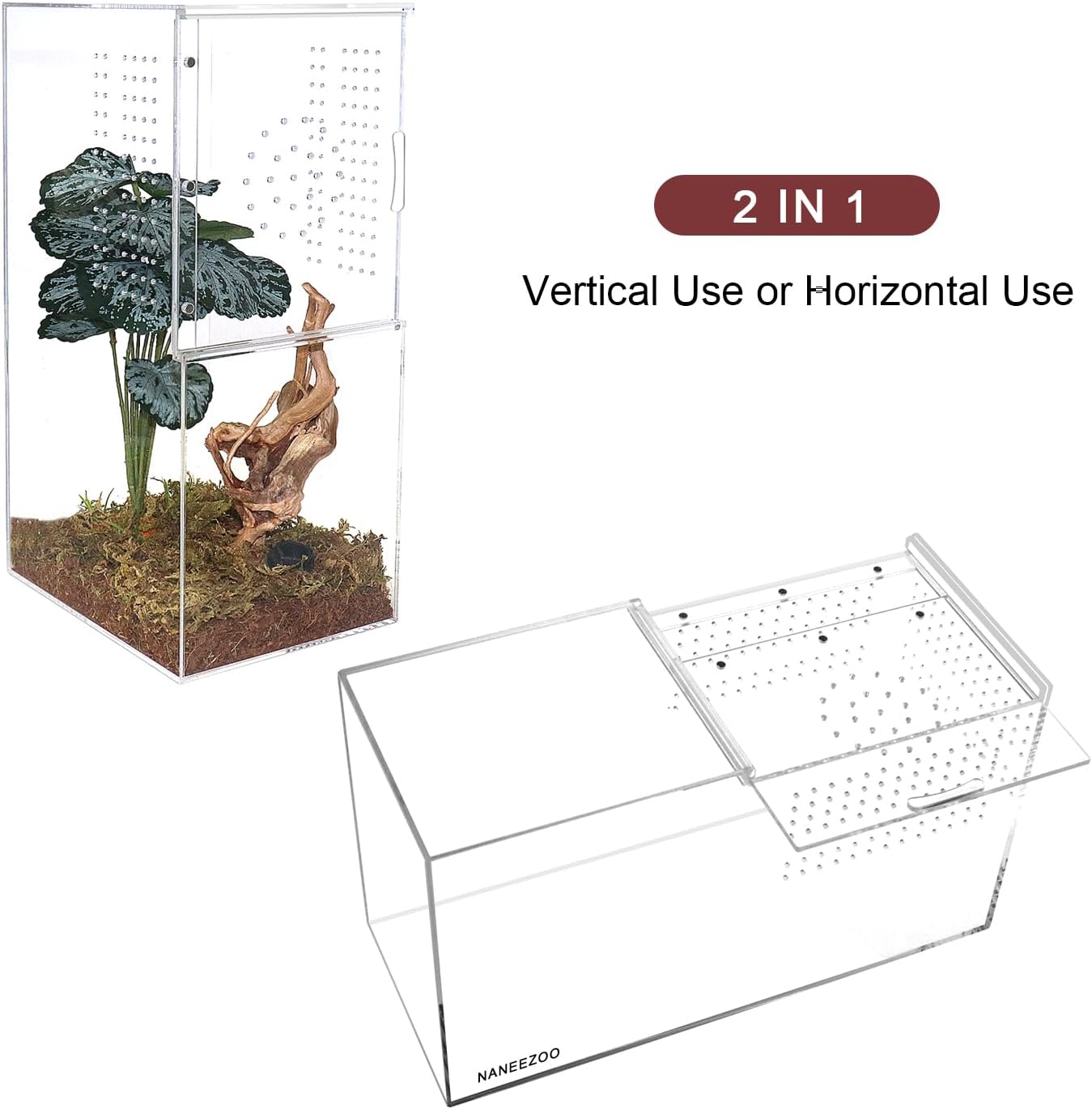 NANEEZOO Acrylic Reptile Terrarium Enclosure, 14”x6”x8” Tarantula Enclosure with Magnetic Sliding Door, Breeding Box for Arboreal Reptiles, Amphibians, Mantis, Spiders, Cricket & Other Invertebrates - FurryFun