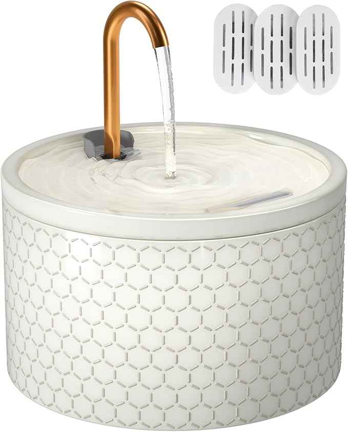 Ceramic Cat Water Fountain - 2.1L/71oz - Honeycomb Embossed All-Ceramic Body & Pure Copper Spout - Non-Toxic & Automatic Pet Drinking Fountain Indoor with Ultra-Quiet Pump, 3 Filters & Sponge