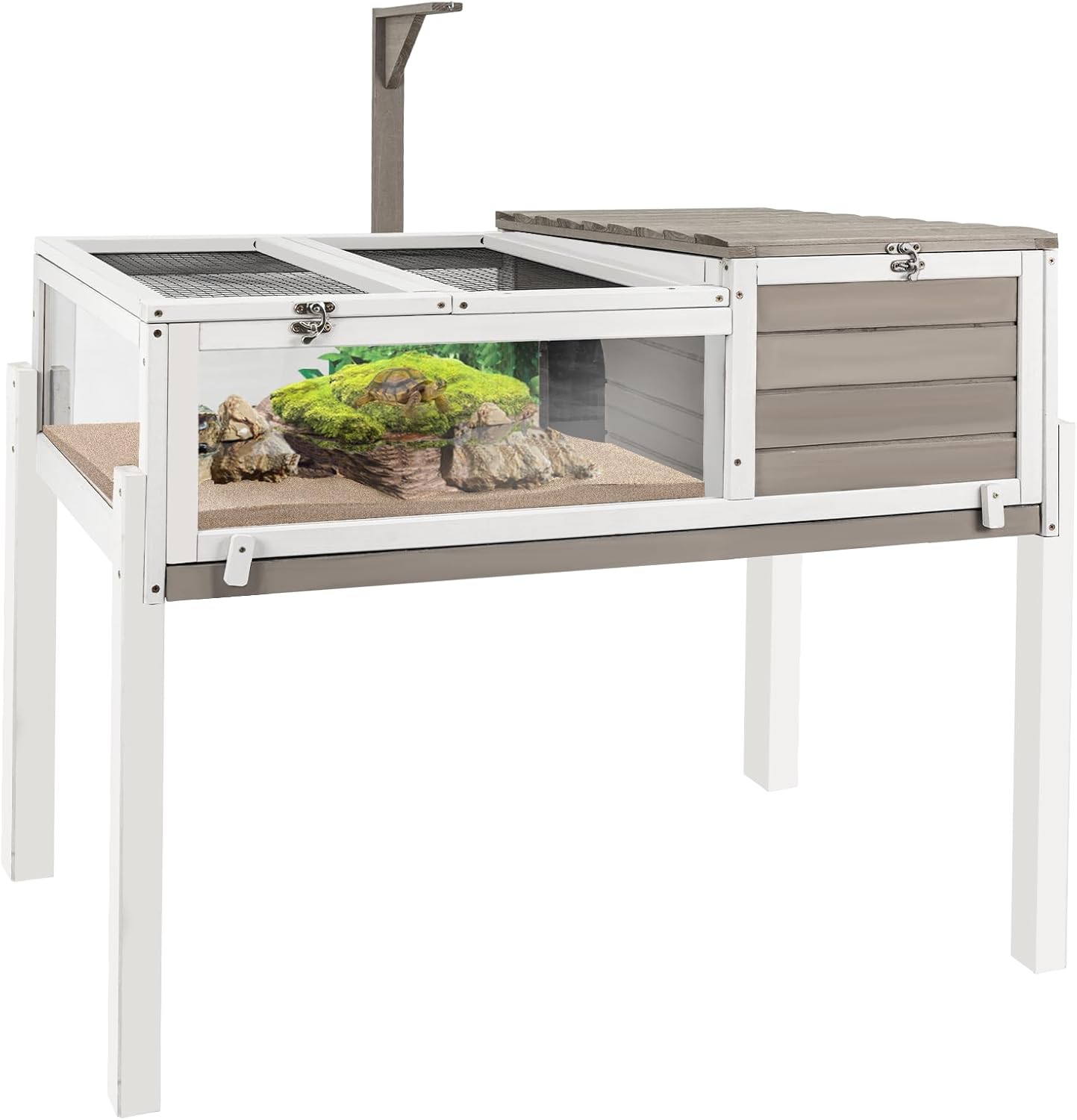 Tortoise Habitat Large Wooden Tortoise Enclosure Habitat with No-Leaking Tray Indoor & Outdoor, Reptile Cage for Small Animals TOR03-Grey - FurryFun