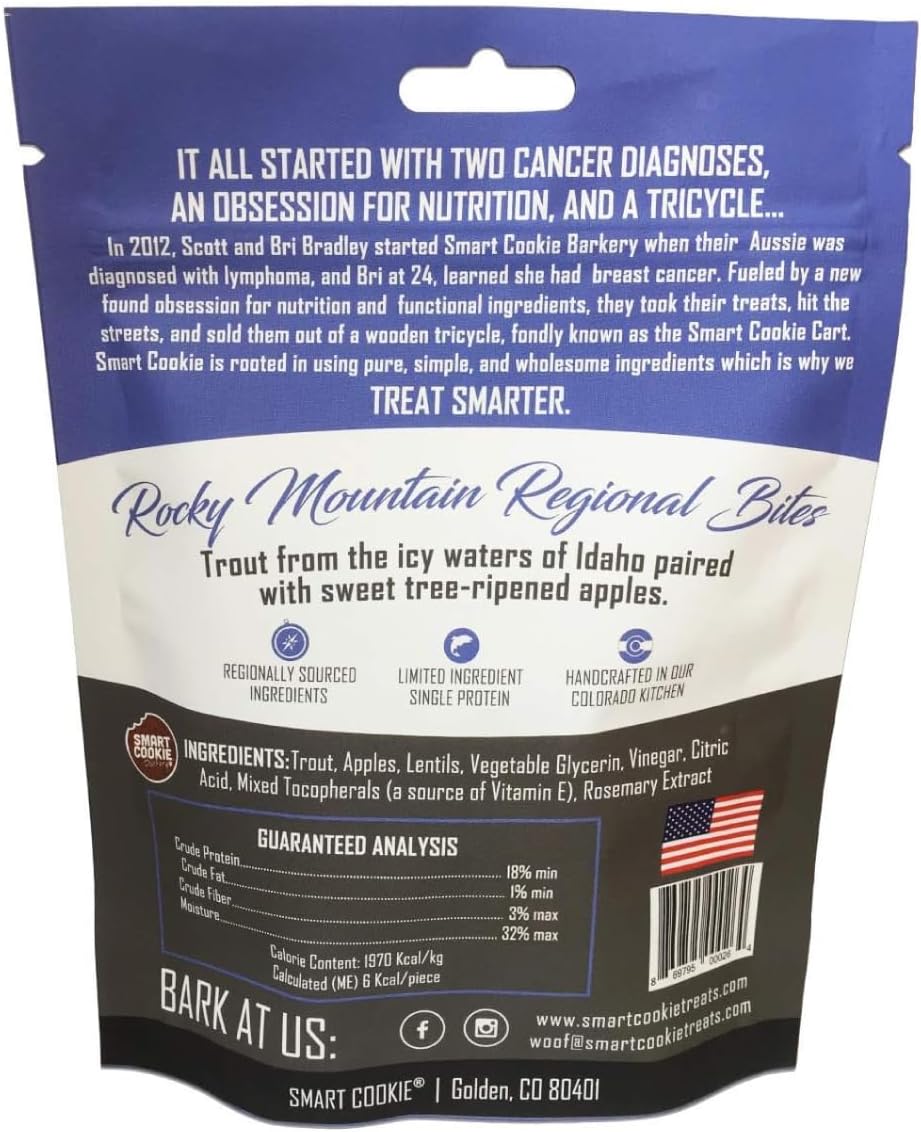 Smart Cookie All Natural Dog Treats - Trout & Apple - Training Treats for Dogs with Allergies, Sensitive Stomachs - Soft Dog Treats, Grain Free, Chewy, Human-Grade, Made in USA - 5oz, Pack of 3