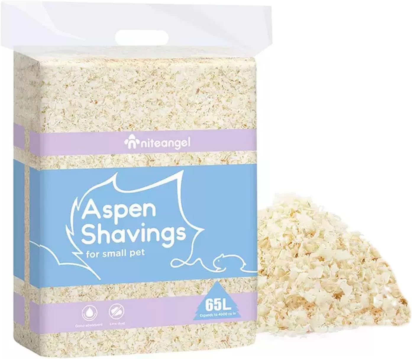 Niteangel Aspen Shaving Hamster Beddings for Syrian Dwarf Hamster Gerbil Mice Degu Rat Rabbit Bunny Guinea Pig Chinchilla Hedgehog or Other Small Pets (65L - 4mm)