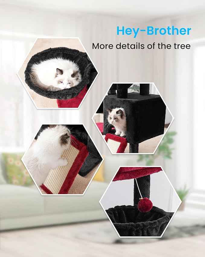 Hey-brother Gothic Cat Tree, Cat Tower for Indoor Cats, Cat House with Large Padded Bed, Cozy Condo, Hammocks, Sisal Scratching Posts, Big Scratcher, Black and Red MPJ006SBR