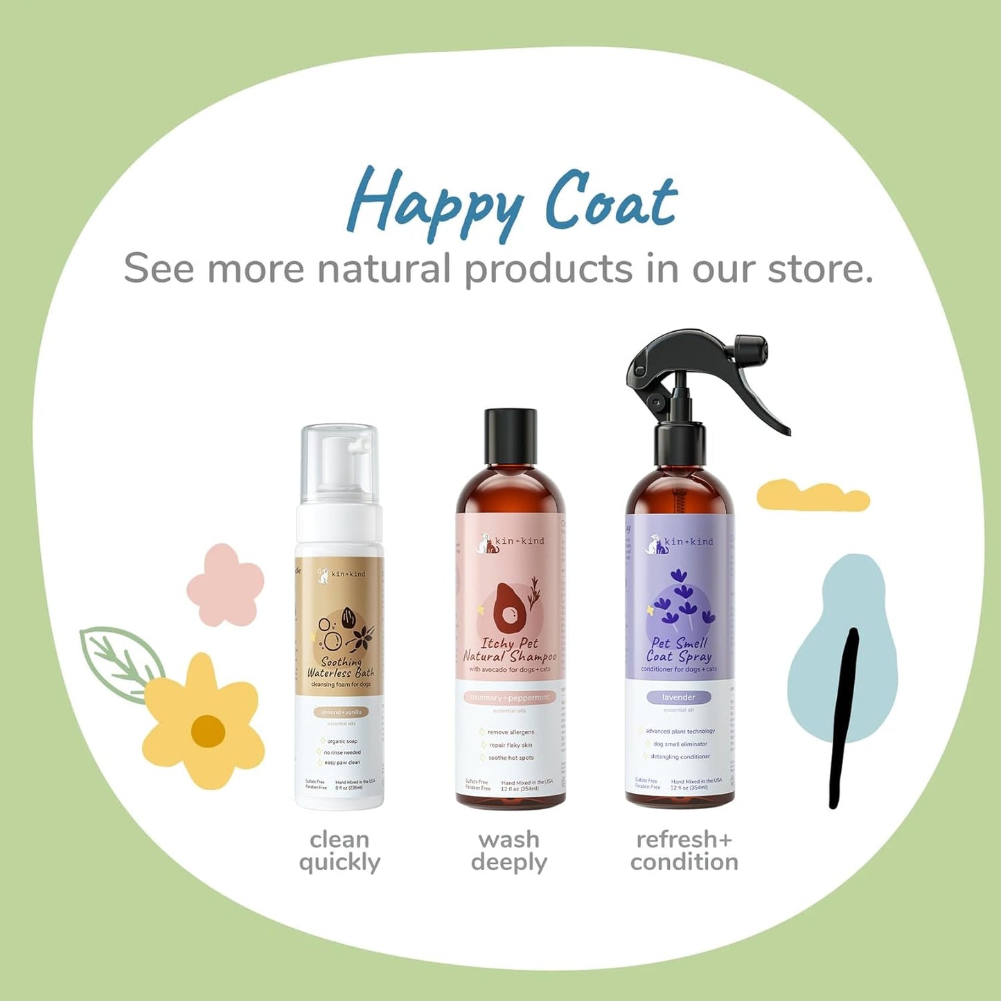 kin+kind Waterless Dry Shampoo for Dogs - Rinse-Free, Eliminate Itch and Odor, Natural Formula with Witch Hazel, Coconut Oil, Olive Oil and Lavender - Made in USA
