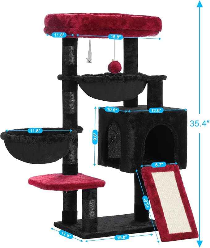 Hey-brother Gothic Cat Tree, Cat Tower for Indoor Cats, Cat House with Large Padded Bed, Cozy Condo, Hammocks, Sisal Scratching Posts, Big Scratcher, Black and Red MPJ006SBR