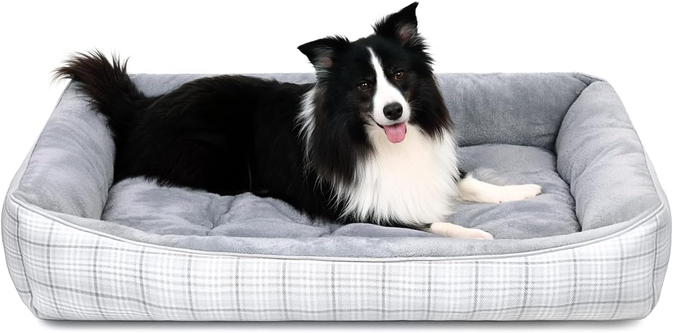 MIHIKK Rectangle Dog Beds for Large Dogs & Cats, Orthopedic Sleeping Pet Bed for Couch with Durable Puppy Cuddler and Anti-Slip Bottom Machine Washable 34 * 24 Inch (Gray)