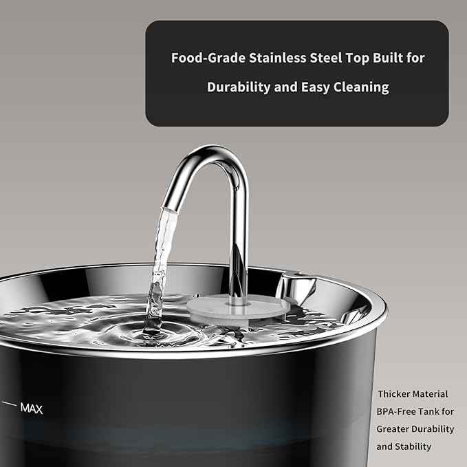 Cat Water Fountain Stainless Steel Lid, Corded 3L/101oz Pet Water Fountain, Dog Waterer with Quiet Pump and 4-Layer Filtration for Cats and Dogs