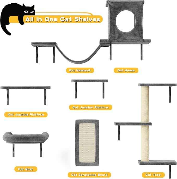 NUNU LAB Wall Mounted Cat Wall Shelves, 12-in-1 Cat Wall Climber with Condos House, Scratching Post, Bridge Ladder, Indoor Space-Saving Furniture for Kittens Play, Dark Gray