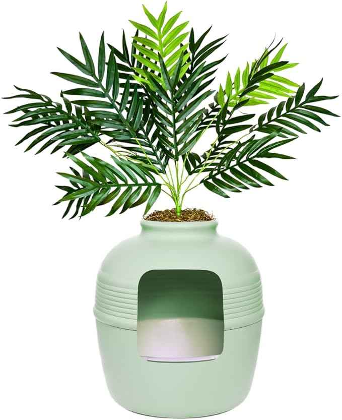 Good Pet Stuff Hidden Litter Box Planter, Decorative Cat Litter Enclosure with Carbon Filter, Artificial Plant, Easy Clean, Removable Liner, Round Style, Essentials Kit, Sage Green