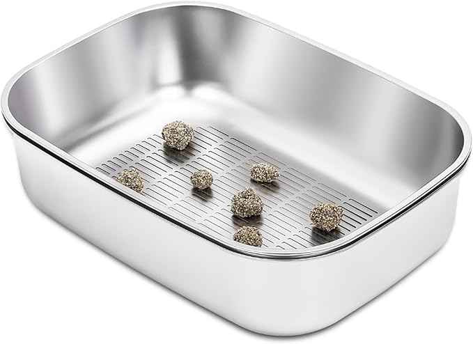 Stainless Steel Sifting Litter Box with Lid, Metal Litter Pan with Scoop for Big Cats Multi Cat, Extra Large Cats Litterbox Odor Control Easy Clean (23 * 15.7 * 16.7inch-Full Enclosed, X-Large)