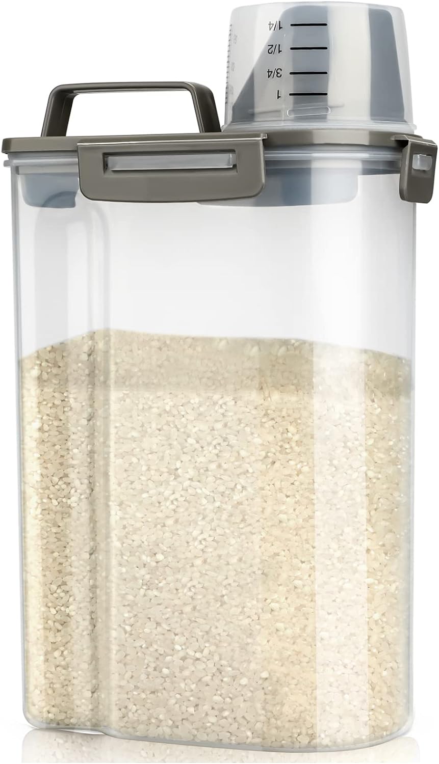 Rice Airtight Storage Container, 3 to 5Lbs Cereal Dry Food Flour Bin, Pet Dog Cat Food Dispenser with Measuring Cup, BPA Free Clear Plastic Kitchen and Pantry Organization Bin for Sugar