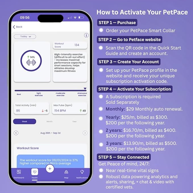 NEW Dog Health Monitor V3.0 by PetPace – AI Smart Collar with 24/7 Vital Signs, Pain & GPS Tracking, Telehealth AskaVet & Share With Your Vet, Smartwatch Sync – Subscription Required (Small)