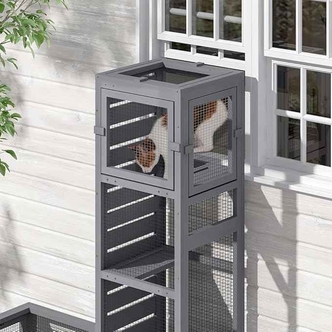 COZIWOW Wooden Cat Play Tunnel with Platforms – Configurable Window Catio, Multi-Combination Extendable Cat Run & Small Pet Play Enclosure for Indoor/Outdoor Use
