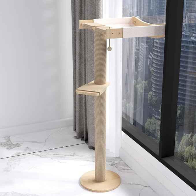 Cat Window Perch with Scratching Post Strong Supported - Large Hammock Bed for Cats Inside - Solid Wood Seat, Soft Cushion - Rustic Indoor Cat Tree Shelf for Sunbathing (Natural, Large 2)