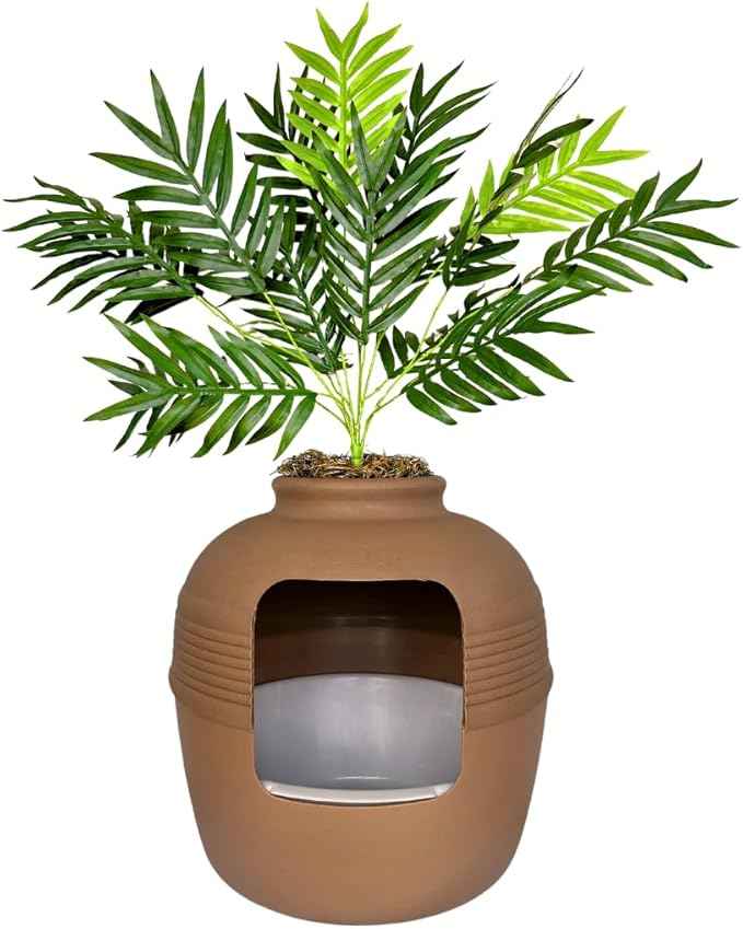 Good Pet Stuff Hidden Litter Box Planter, Decorative Cat Litter Enclosure with Carbon Filter, Artificial Plant, Easy Clean, Indoor Design, Original Round Style, Essentials Kit, Mocha Brown
