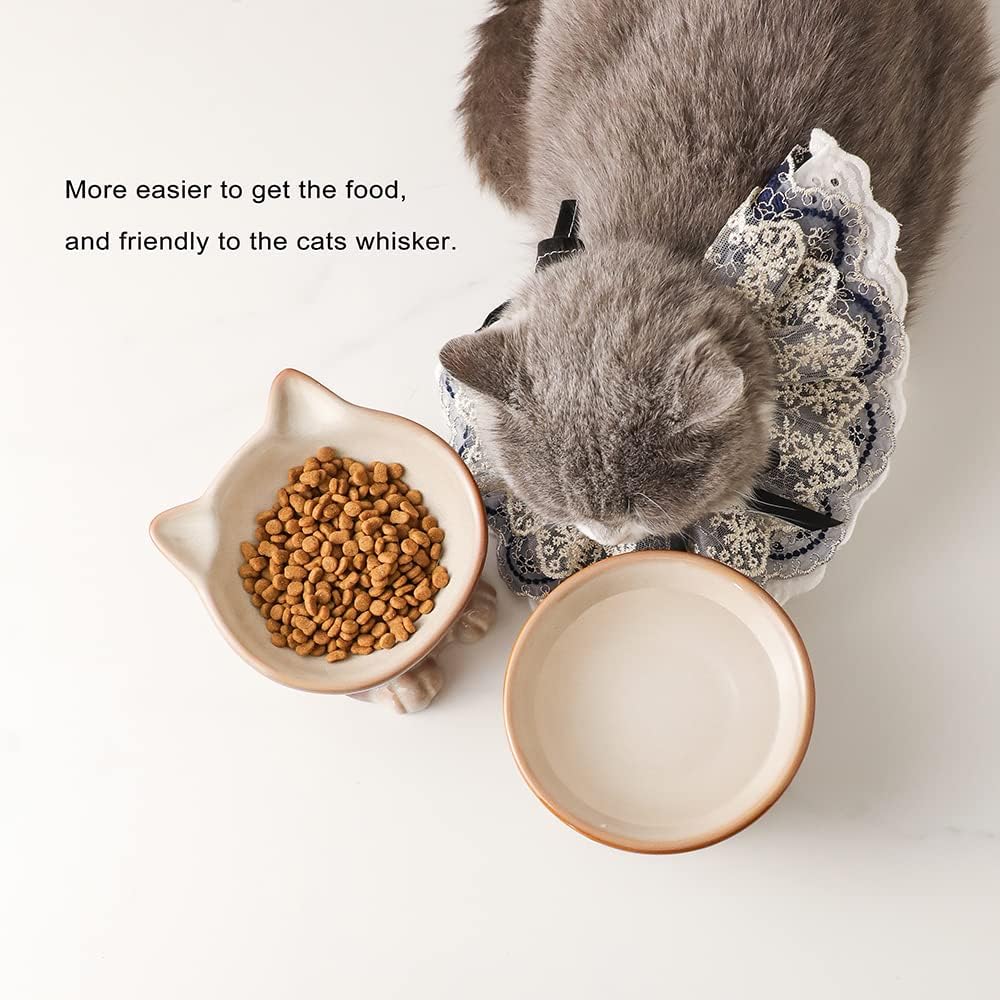 Nihow Elevated Cat/Dog Bowls Set : 5 Inch Ceramic Raised Cat Food & Water Bowl Set for Protecting Pet's Spine - Feeding & Watering Supplies for Pets - Elegant Brown (2 PC)