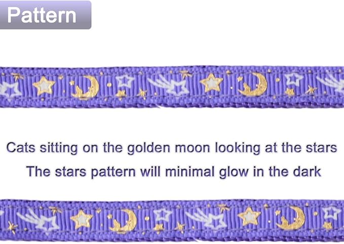 Cat Harness and Leash Set for Outdoor Walking Escape Proof Adjustable Soft Safety Strap with Golden Star and Moon Design Glow in The Dark Purple