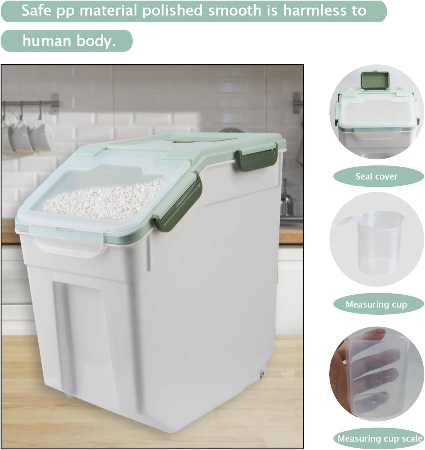AnRui Dog Food Storage Container with Scoop, Large Airtight Plastic Pet Dog Cat Dry Food Bin, Cereal Grain Organizer Box for Rice, Flour, Snack, Baking Supplies, Kitchen Pantry, 20lb, Green