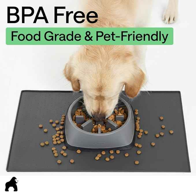 GORILLA GRIP 100% Waterproof Raised Edge BPA Free Silicone Pet Feeding Mat, Dog Cat Food Mats Contain Spills Protects Floors, Placemats for Cats and Dogs Water Bowl Pets Accessories 18.5x11.5 Charcoal