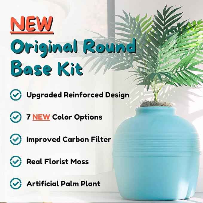 Good Pet Stuff Hidden Litter Box Planter, Decorative Cat Litter Enclosure with Carbon Filter, Artificial Plant, Easy Clean, Improved Design, Round Style, Base Kit, Coastal Blue