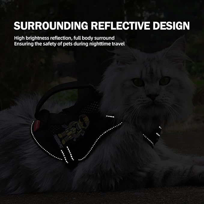 Cat Harness and Leash Set for Walking Escape Proof Adjustable Reflective Large Cat Tactical Harness with Patches Breathable Summer Vest Soft Mesh Padding Handle Easy to Control (Black, S)