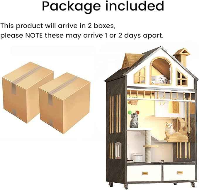 Wooden Cat House Indoor Cats Villa on Wheels, Large Space Cat Cage with Scratching Post, Multi-Feature Enclosed Cat Condo with Cat Litter Box Drawer, 63" X 35" X 24"