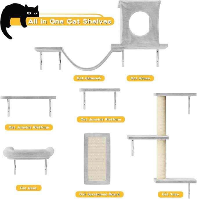 NUNU LAB Wall Mounted Cat Wall Shelves, 12-in-1 Cat Wall Climber with Condos House, Scratching Post, Bridge Ladder, Indoor Space-Saving Furniture for Kittens Play, Gray